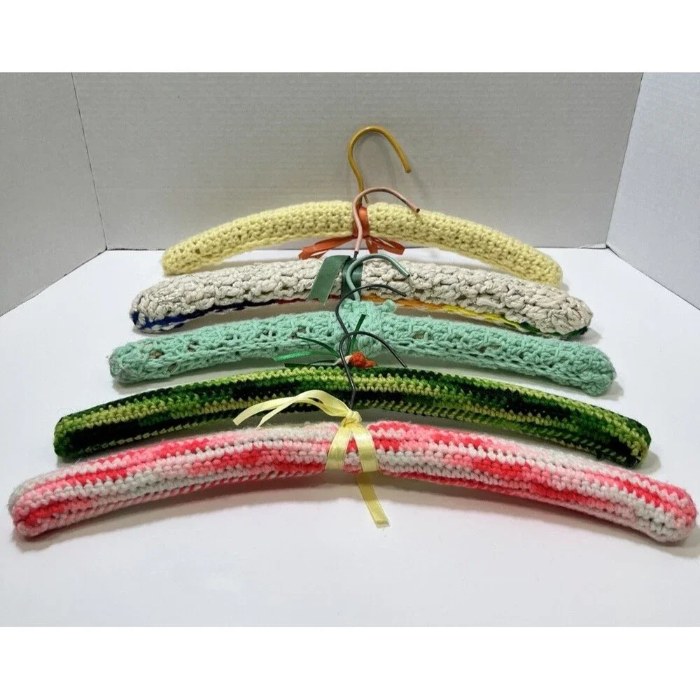 Vintage 1970s Crocheted Wood Hangers Set of 5 Green Yellow Pink Mod MCM 16.5
